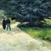 Public Garden with Couple and Blue Fir Tree